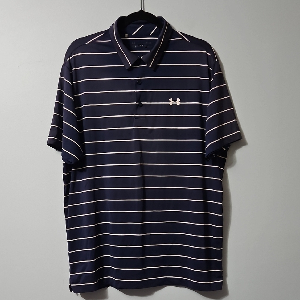 Under Armour Men's Dark Blue and White Striped Polo Short Sleeve Shirt Size XL